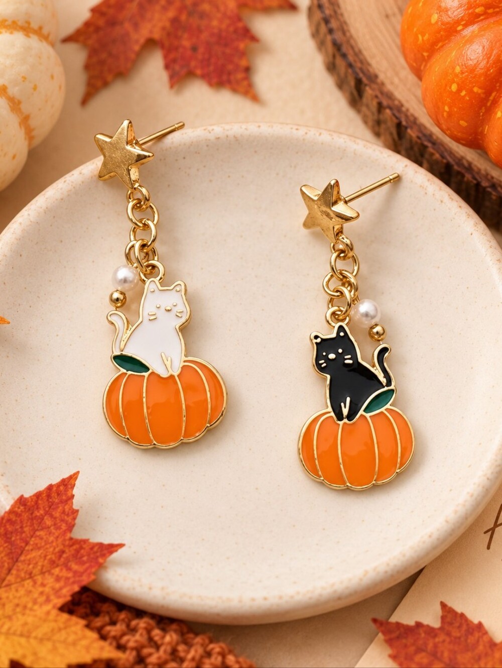 MODCLOTH FALL PEEPING ON PUMPKINS KITTY EARRINGS